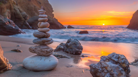 A stack of rocks on the beach at sunset, AIの素材