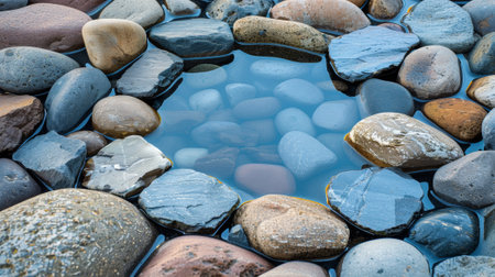 A small blue pool surrounded by rocks and pebbles, AIの素材