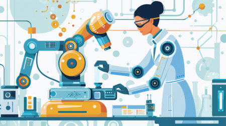 A woman in lab coat working on a machine with other machines, AIの素材