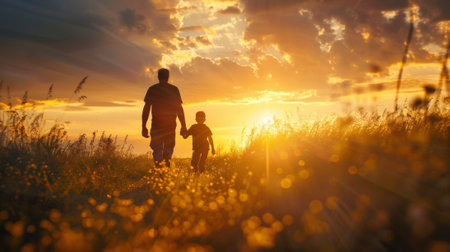 A man and child walking through a field at sunset, AIの素材