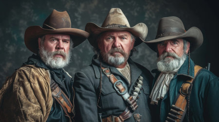 Three men in cowboy hats and suits standing next to each other, AIの素材