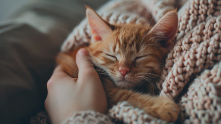 A person holding a cat in their arms while it sleeps, AIの素材