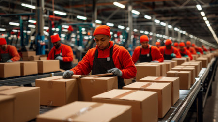 A group of workers are working on a conveyor belt, AIの素材