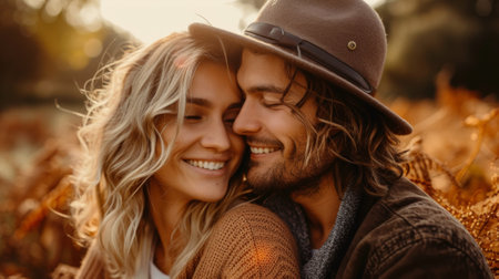 A man and woman embracing each other in a field, AIの素材