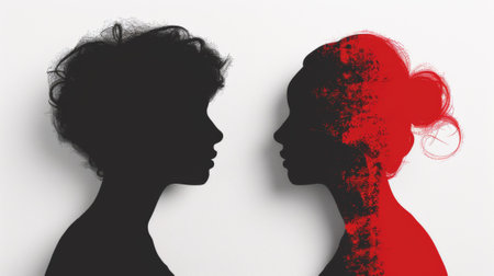 Two silhouettes of two women with red and black hair, AIの素材