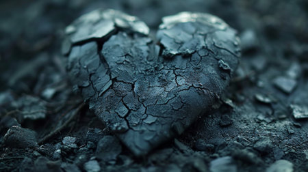 A broken heart is sitting on the ground in a dark area, AIの素材