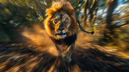 A lion running through the woods with a blurry background, AIの素材