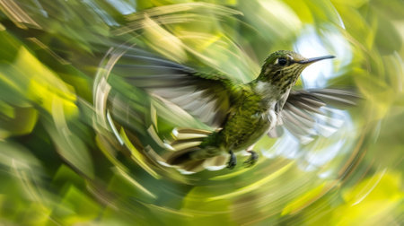 A hummingbird flying in a circular motion with blurred background, AIの素材