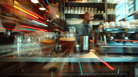 A blurry image of a bar with two people working on it, AIの素材
