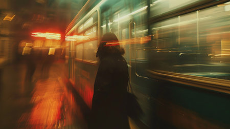 A blurry picture of a person walking down the street next to a train, AIの素材