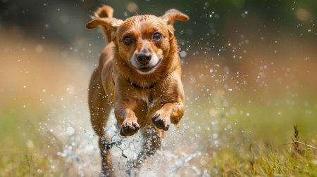 A brown dog running through a field of grass and water, AIの素材