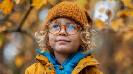 A little boy wearing a hat and glasses with leaves in the background, AIの素材