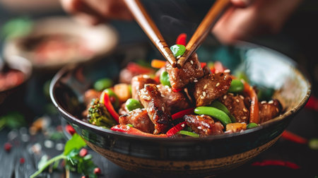 A bowl of stir fry with vegetables and meat on chopsticks, AIの素材