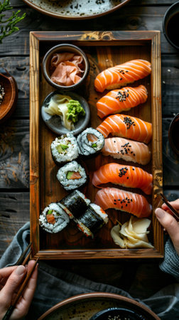 A wooden tray with sushi and chopsticks on top of it, AIの素材