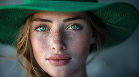 A woman with freckles wearing a green hat and looking at the camera, AIの素材