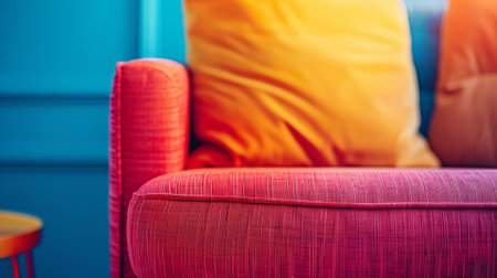 A close up of a colorful couch with pillows and an orange table, AIの素材