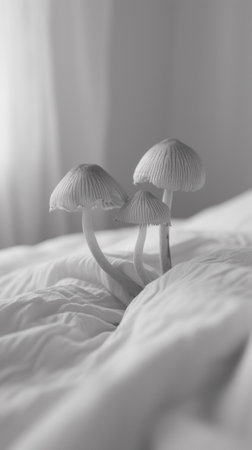 Three mushrooms growing on a bed in front of the window, AIの素材