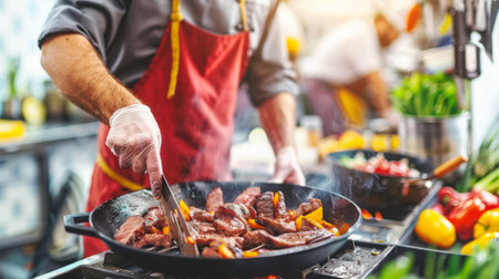 A man cooking food in a wok on the stove top, AIの素材