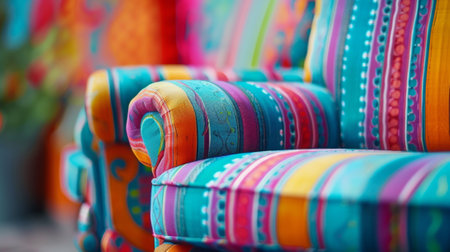 A close up of a colorful chair with bright patterns on it, AIの素材