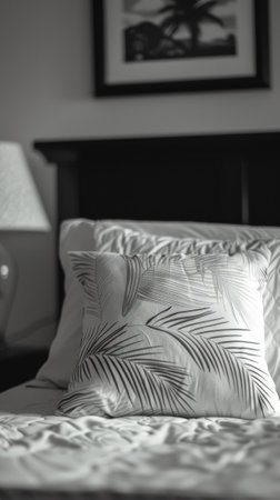 A bed with a pillow and two pictures on the wall, AIの素材