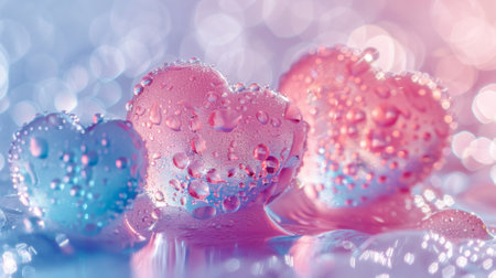 Three hearts are sitting in a bowl of water with drops, AIの素材