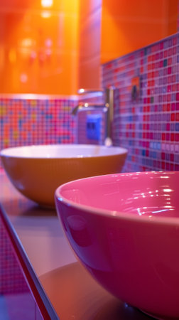 A couple of two bowls sitting on a counter in front of some colorful tiles, AIの素材