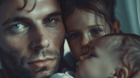 A man with two children in his arms, one of which is crying, AIの素材