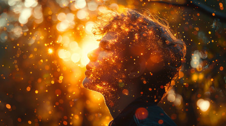 A man with his head in the air surrounded by light, AIの素材