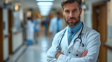 A male doctor standing in a hallway with his arms crossed, AIの素材