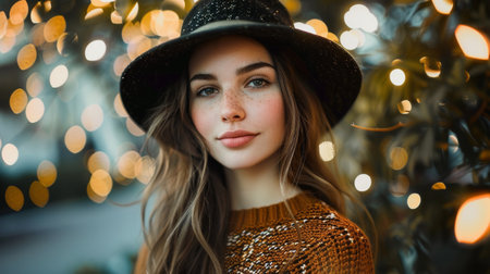A woman with a hat and some lights in the background, AIの素材