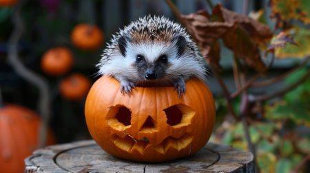 A hedgehog sitting on top of a pumpkin carving, AIの素材