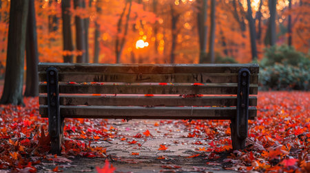 A bench in a park with leaves on the ground and sun setting, AIの素材