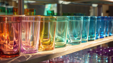 A row of glasses on a shelf with different colored glass, AIの素材
