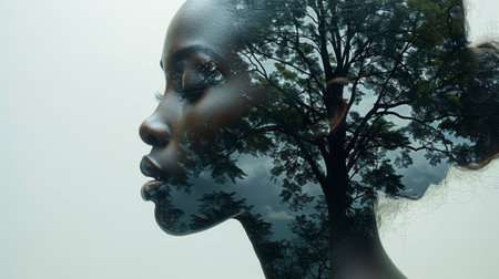 A woman with a tree in her hair and face, AIの素材