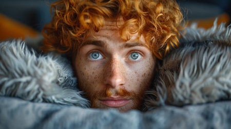 A man with red hair and a beard laying on top of some blankets, AIの素材