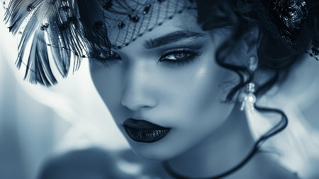 A woman with black lipstick and a feathery headdress, AIの素材