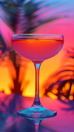 A glass of wine sitting on a table with colorful background, AIの素材