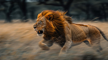 A lion running through a field with trees in the background, AIの素材