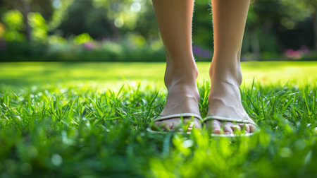 A womans feet in sandals standing on a green lawn, AIの素材