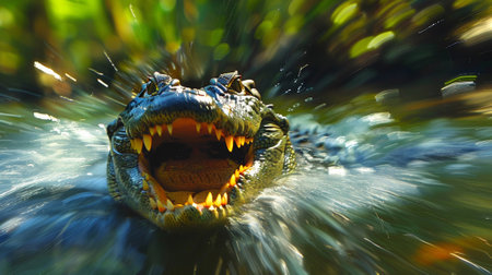 An alligator with its mouth open in the water, AIの素材
