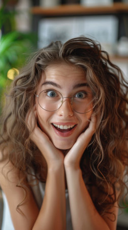 A woman with glasses and curly hair posing for a picture, AIの素材