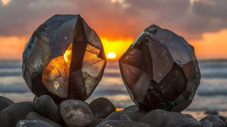 Two large rocks sitting on top of a pile of stones, AIの素材