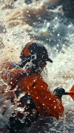 A man in a kayak paddling through the water with waves, AIの素材