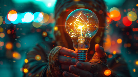 A person holding a light bulb with lights around it, AIの素材