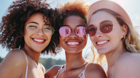 Three women with sunglasses and pink glasses smiling at the camera, AIの素材