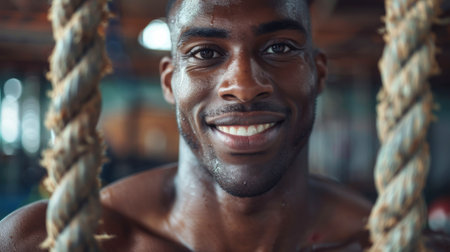 A man smiling while standing behind a rope in front of bars, AIの素材