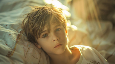 A young boy laying on a bed with his eyes closed, AIの素材