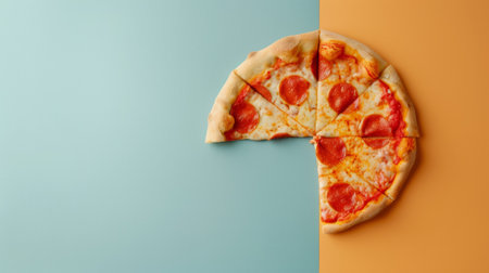 A half of a pepperoni pizza is on an orange and blue background, AIの素材