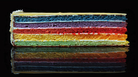A close up of a slice of rainbow cake with frosting, AIの素材