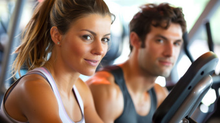 A man and woman in gym equipment, smiling at the camera, AIの素材